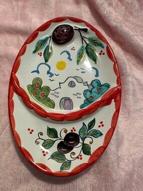 Hand Made and signed Mediterranean-style ceramic olive serving dish